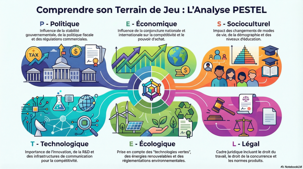 Infographie expliquant l'Analyse PESTEL : Comprendre l'Environnement de l'entreprise