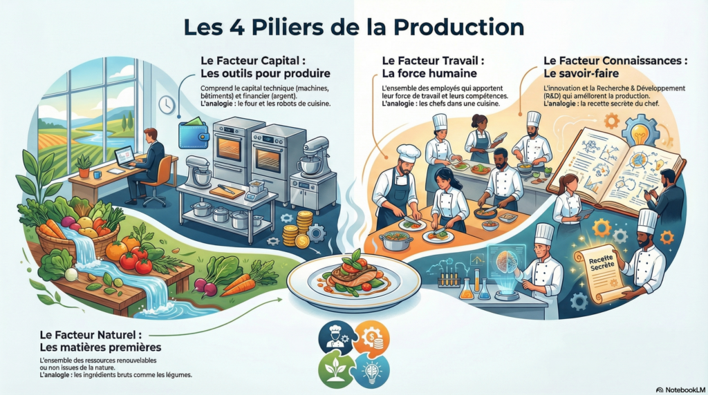 Infographie présentant les 4 piliers de la production dans une entreprise.