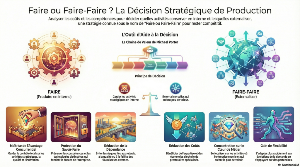 Infographie sur la stratégie d'une entreprise : Faire ou Faire-Faire ?